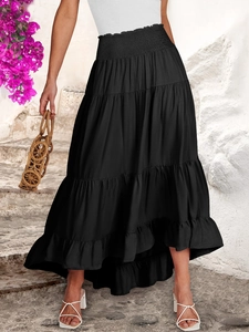 Jupe Longue Maxi à Volants Noire Décontractée pour Femmes Taille Haute Smockée Ourlet Irrégulier Rayonne Boho Jupe Évasée
