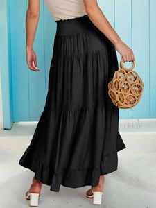 Jupe longue noire à volants pour femme avec taille haute élastique et couches