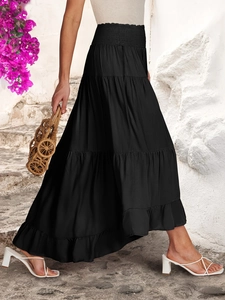 Jupe longue noire à taille haute pour femmes avec volants et smocks pour l'été