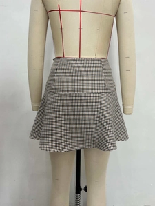 Women's high waist A-line plaid mini skirt in brown houndstooth wool blend fabric