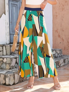 Pantaloni a Gamba Larga a Vita Alta da Donna Stampa a Blocchi di Colore Geometrici Pantaloni Casual Ampi Moda Estiva Stile Pendolare