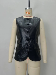 Women's chic black PU leather vest with single-breasted buttons and flap pockets