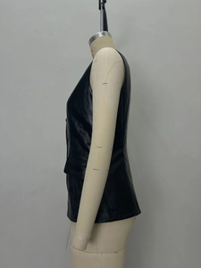 Women black faux leather vest with single-breasted design and flap pocket detail