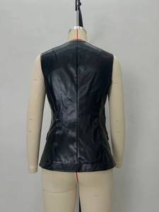 Back view of a sleek black PU leather vest with a slim-fit tailored waist for women