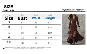 Größentabelle für braunes Wildlederimitat-Kleid mit unregelmäßigem Saum und Rüschendetails