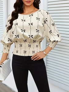 Blouse imprimée à taille froncée et manches lanternes en crème avec motifs de nœuds