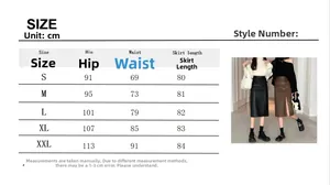 Detailed size guide table for high waist PU leather A-line skirts from S to XXL