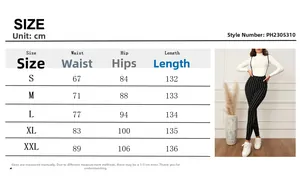 Detailed size chart for black striped high waist jumpsuits including S to XXL dimensions