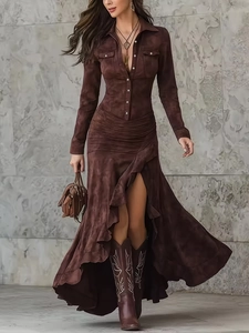 Französisches Retro Braun Wildlederimitat Kleid Für Damen Unregelmäßiger Rüschensaum Revers Langarm A-Linie Maxi Hemdkleid