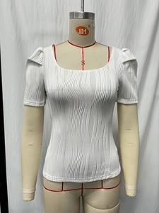Slim fit white ribbed short sleeve top with square neck and textured French style design