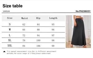 Size chart for high waisted knitted maxi skirt showing waist and hip measurements