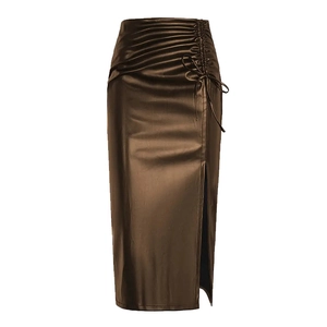 Close-up of high-waist bronze PU leather midi skirt with side drawstring ruched detail