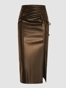 Elegant bronze high waist PU leather midi skirt with side drawstring and split detail