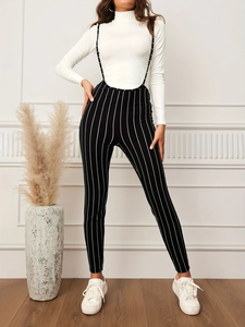 Women Elegant Black White Striped Jumpsuit Set Fashion Slim Fit Overalls Two Piece With White Turtleneck Top For Office Daily