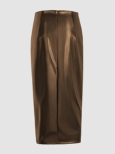 High-waist metallic brown faux leather midi skirt with slim fit and back zipper
