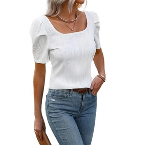Close-up of ribbed texture and puff sleeves on white square neck slim fit T-shirt