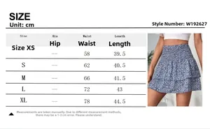 Guida alle taglie per minigonna floreale con misure da XS a XL in centimetri
