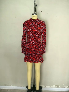 Elegant long-sleeve high-neck floral dress with pleated details and ruffle hem