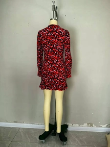 Elegant floral print long sleeve mini dress with ruffle hem and back zipper closure