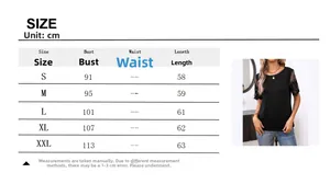 Detailed size chart for elegant knit top with lace stitching and mesh details