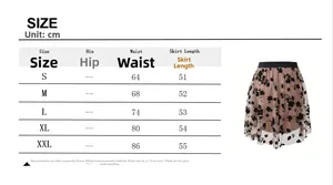 Size chart for black floral mesh skirt with pink lining and elastic waist, sizes S-XXL