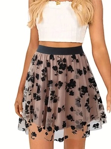 Women High Waist Mesh A-Line Skirt Elegant Floral Flocking Double Layer Tutu Short Mini Skirt For Party Daily Wear