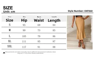 Detailed size chart for champagne satin midi A-line skirt from S to XXL with measurements