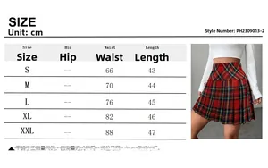 Detailed size chart for the pleated preppy style striped mini skirt with measurement guide