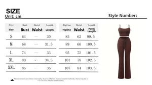 Detailed size chart for two-piece drawstring crop top and flare pants set in S to XXL