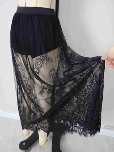 Detail of gothic floral lace texture and eyelash hem on women black sheer maxi skirt