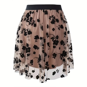 Detail of high waisted A-line skirt featuring black flocked floral mesh and beige lining