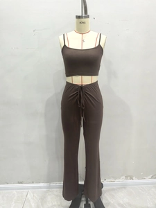 Women's 2-piece set featuring crop camisole top and flared leggings in brown knit