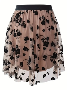 Women's A-line tulle mini skirt with black floral flocking and elastic high waist