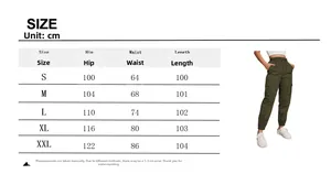 Size chart table for olive green cargo pants showing measurements for sizes S to XXL