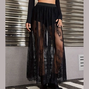 Detail of gothic black sheer floral lace maxi skirt with wide elastic waistband