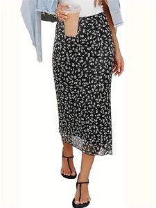 Women Floral Mesh Midi Skirt High Waist Lettuce Edge Elastic Hip-Hugging Elegant Casual A-Line Printed Skirt For Lady