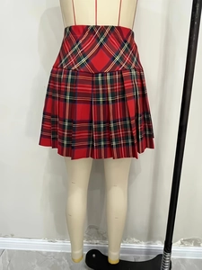 Classic red plaid pleated mini skirt for women with a high-waisted preppy style design