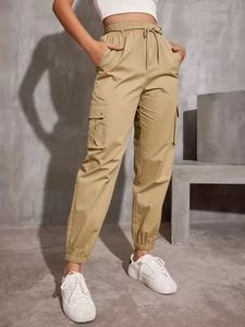 Women Casual Cargo Pants High Waist Jogger Trousers With Pockets Elastic Waist Drawstring Loose Streetwear Sweatpants