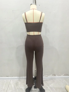 Women's brown two-piece set featuring crop camisole and flared trousers back view