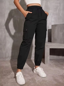 Women's high waist black cargo joggers with drawstring elastic waist and side pockets