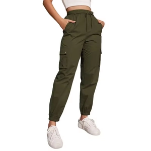 Detailed view of high-waist army green cargo pants with drawstring waist and side pockets