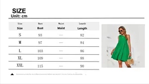Size chart for green one-shoulder sleeveless dress with bust and length measurements
