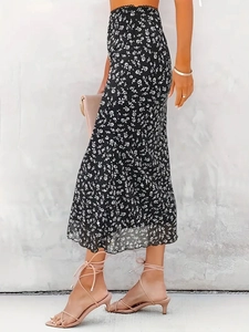 Floral midi skirt with high waist lace trim and lettuce edge hem in black and white
