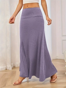 Detail view of high-waist elastic band and soft knitted lavender A-line maxi skirt fabric
