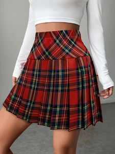 British style red plaid pleated mini skirt with high waist design for women
