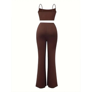 Detail of crop camisole top and high waist flared pants set in chocolate brown