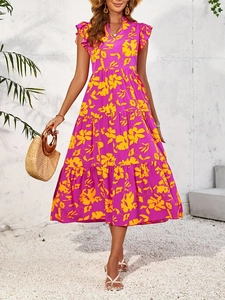 Robe Longue Fleurie Élégante pour Femme Col en V Sans Manches Volantées Jupe à Étages Vacances Décontracté Été