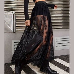Detail view of gothic black lace see-through maxi skirt with floral embroidery and shorts