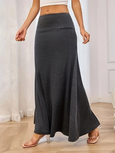 Women High Waisted Knit Maxi Skirt Solid Color A-Line Swing Long Skirt Casual Stretchy Commuter Skirt For Daily Wear