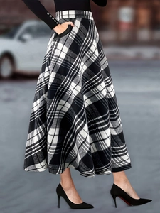 Jupe Longue Vintage Pour Femmes Taille Haute À Carreaux Coupe En A Hiver Jupe Épaisse Navetteur Avec Poches Jupe Longue Élégante Carreaux